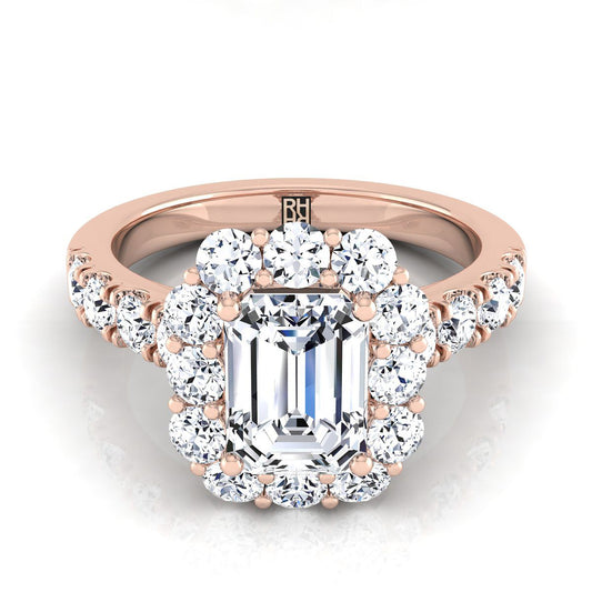European Cut, Luxe French Pavé Halo Emerald, in 14K Rose Gold, prong setting | RockHer