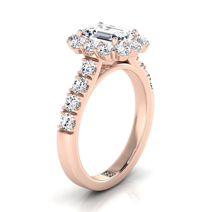 European Cut, Luxe French Pavé Halo Emerald, in 14K Rose Gold, prong setting – side profile | RockHer