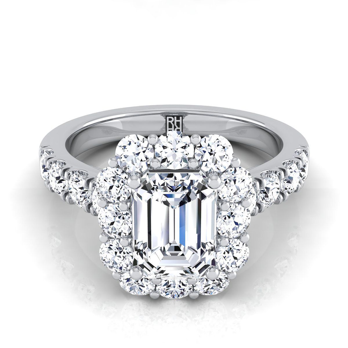 European Cut, Luxe French Pavé Halo Emerald, in 18K White Gold, prong setting | RockHer