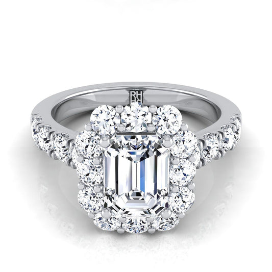 European Cut, Luxe French Pavé Halo Emerald, in 18K White Gold, prong setting | RockHer
