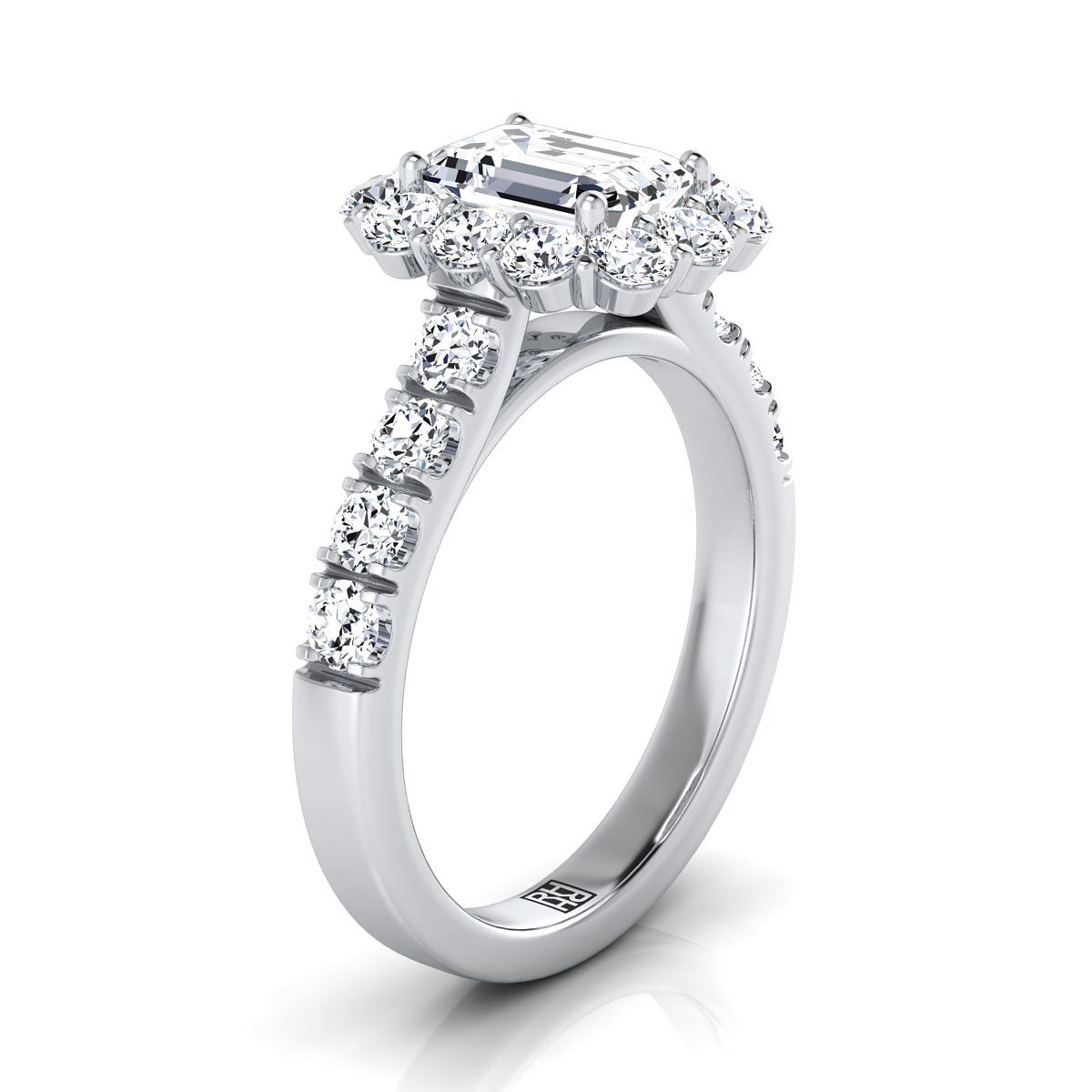 European Cut, Luxe French Pavé Halo Emerald, in 18K White Gold, prong setting – side profile | RockHer