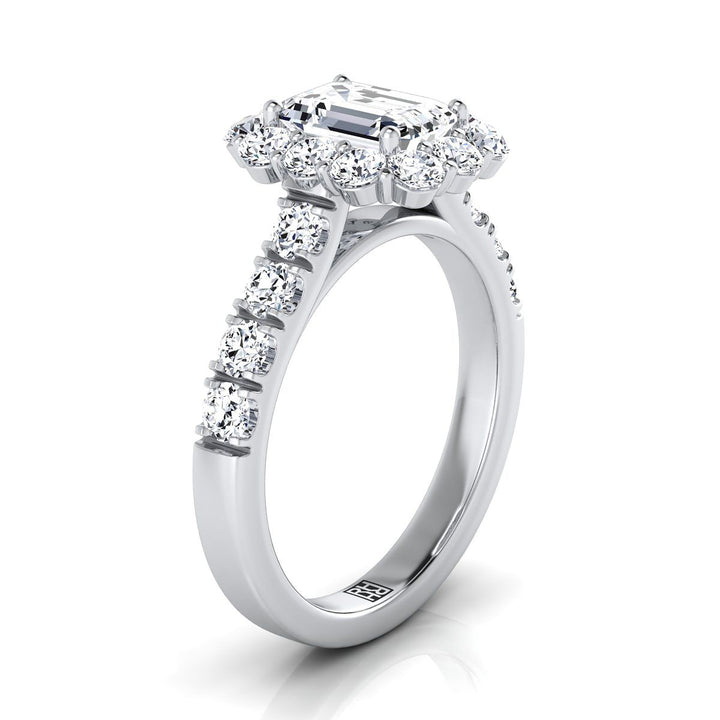 European Cut, Luxe French Pavé Halo Emerald, in 18K White Gold, prong setting – side profile | RockHer