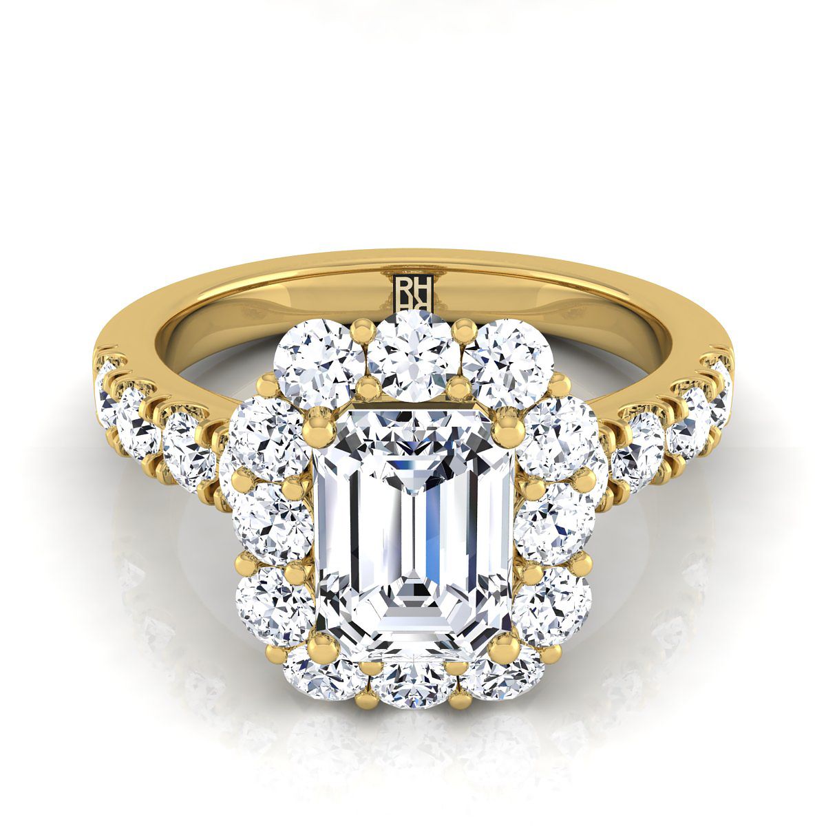 European Cut, Luxe French Pavé Halo Emerald, in 18K Yellow Gold, prong setting | RockHer