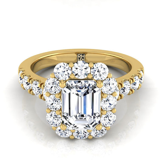 European Cut, Luxe French Pavé Halo Emerald, in 18K Yellow Gold, prong setting | RockHer