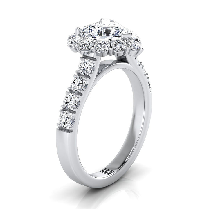 Luxe French Pavé Halo Heart Shape, in 18K White Gold, prong setting – side profile | RockHer