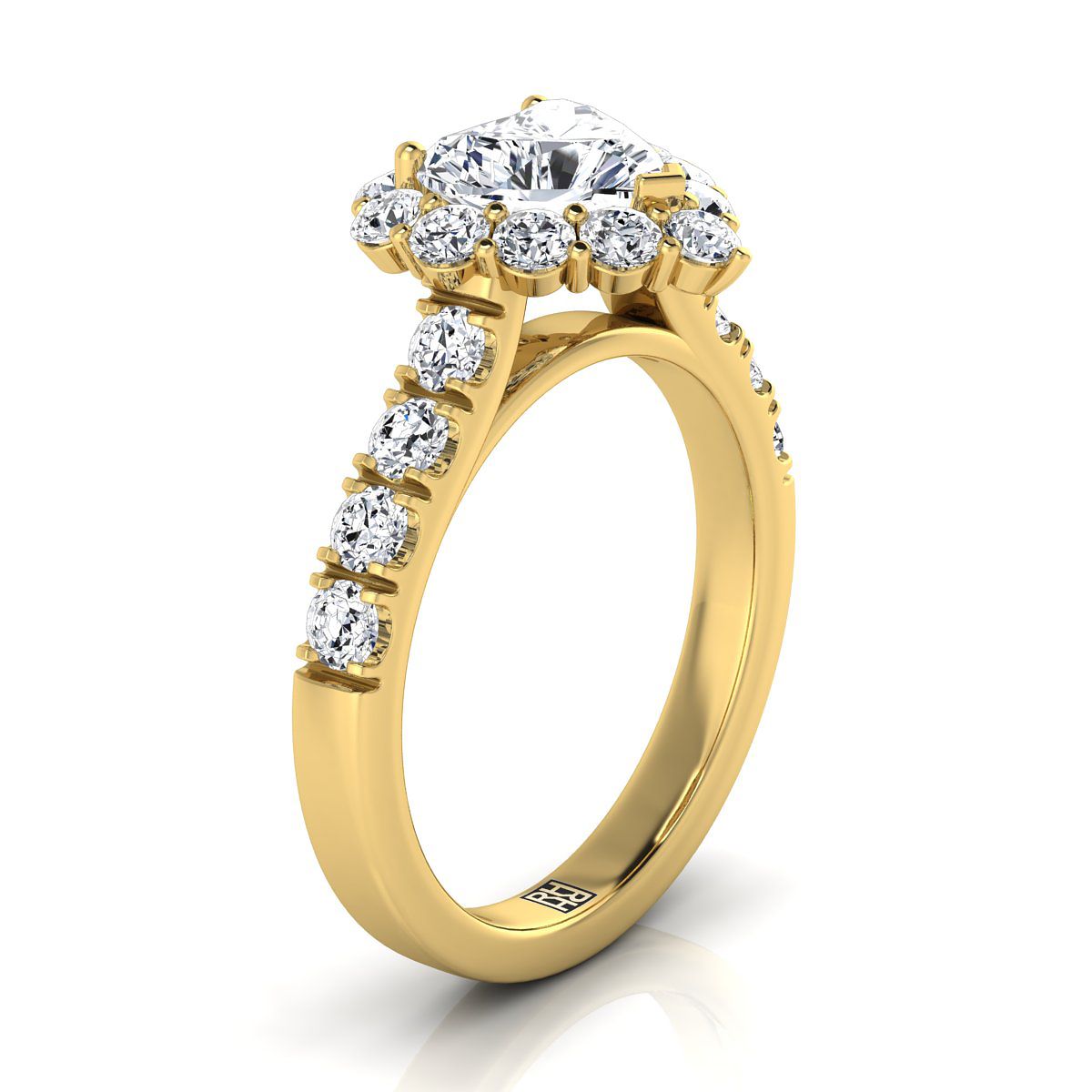 Luxe French Pavé Halo Heart Shape, in 18K Yellow Gold, prong setting – side profile | RockHer