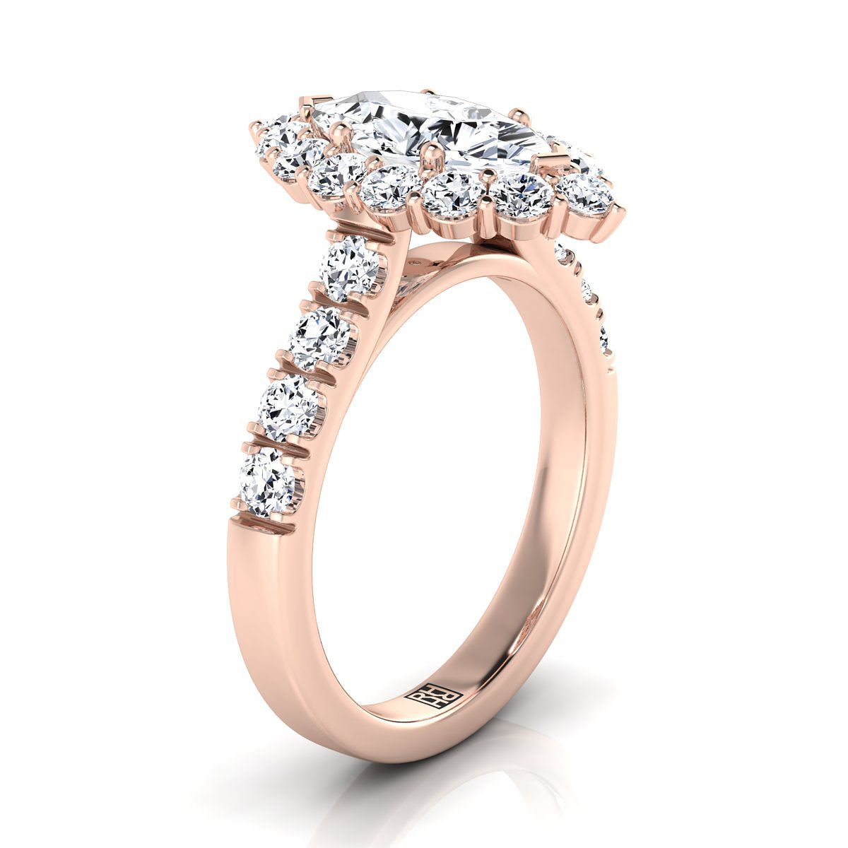 Luxe French Pavé Halo Marquise, in 14K Rose Gold, prong setting – side profile | RockHer