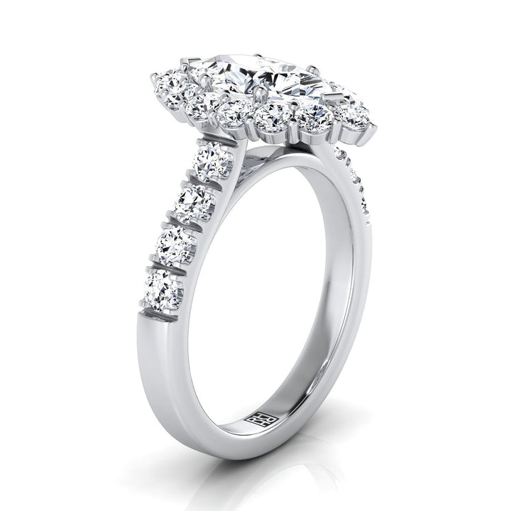 Luxe French Pavé Halo Marquise, in Platinum, prong setting – side profile | RockHer