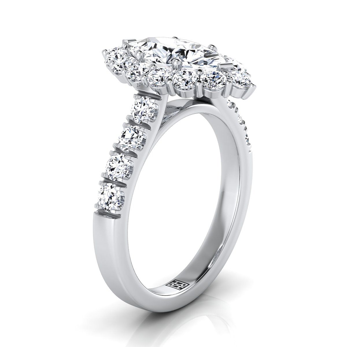 Luxe French Pavé Halo Marquise, in 18K White Gold, prong setting – side profile | RockHer