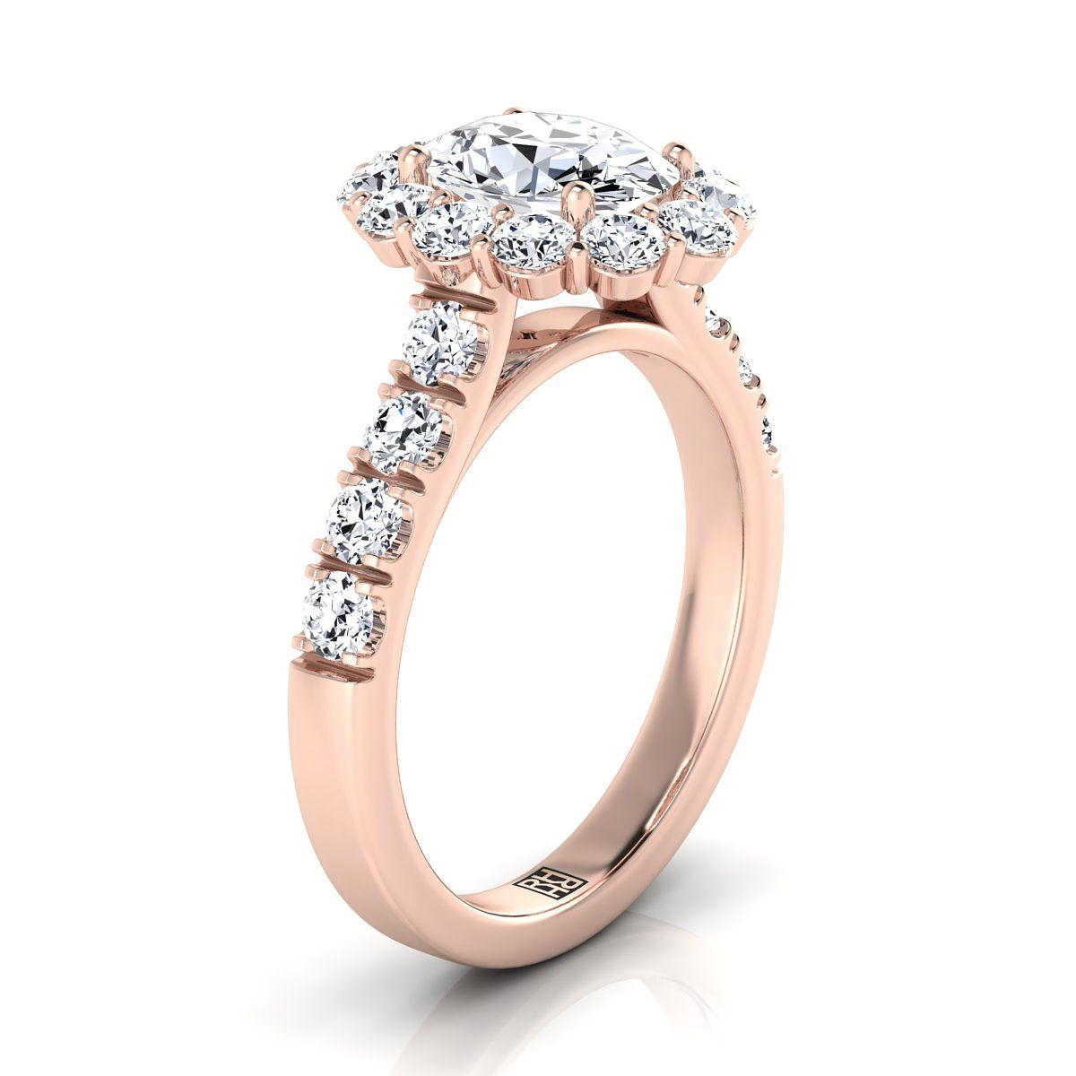 Luxe French Pavé Halo Oval, in 14K Rose Gold, prong setting – side profile | RockHer
