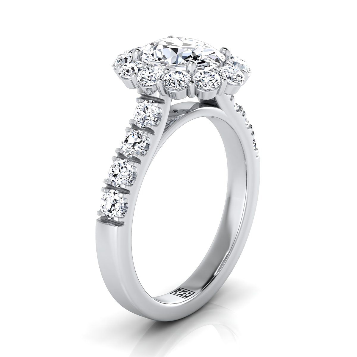 Luxe French Pavé Halo Oval, in 18K White Gold, prong setting – side profile | RockHer