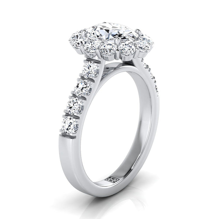 Luxe French Pavé Halo Oval, in 18K White Gold, prong setting – side profile | RockHer