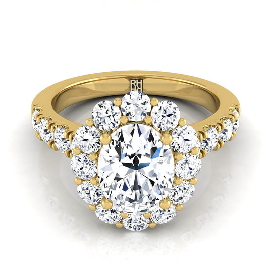 แหวนหมั้นสไตล์หรูหราฝรั่งเศสประดับเพชรวงรี 18K ทองเหลืองทองคำสีเหลือง -1-1/10ctw