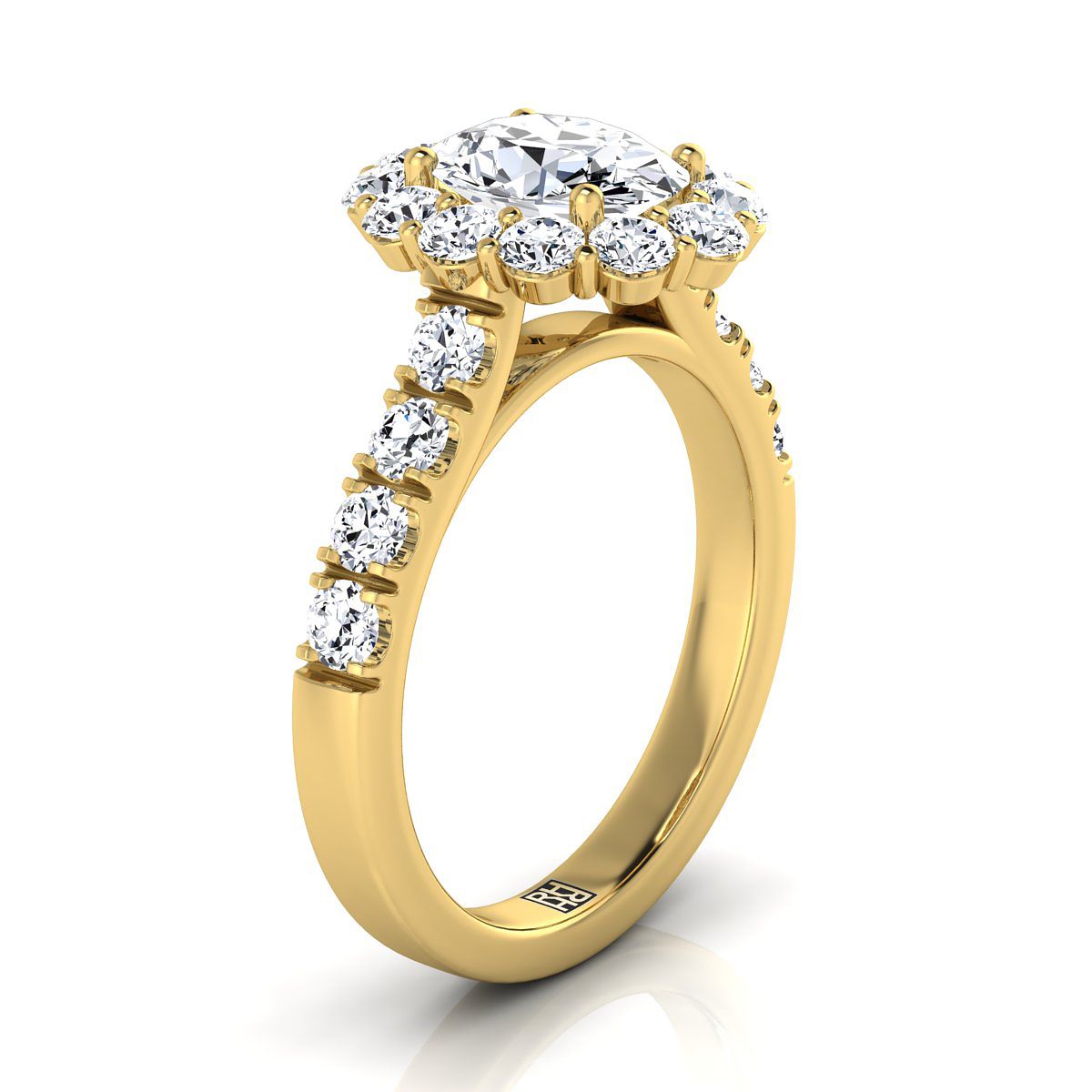 Luxe French Pavé Halo Oval, in 18K Yellow Gold, prong setting – side profile | RockHer