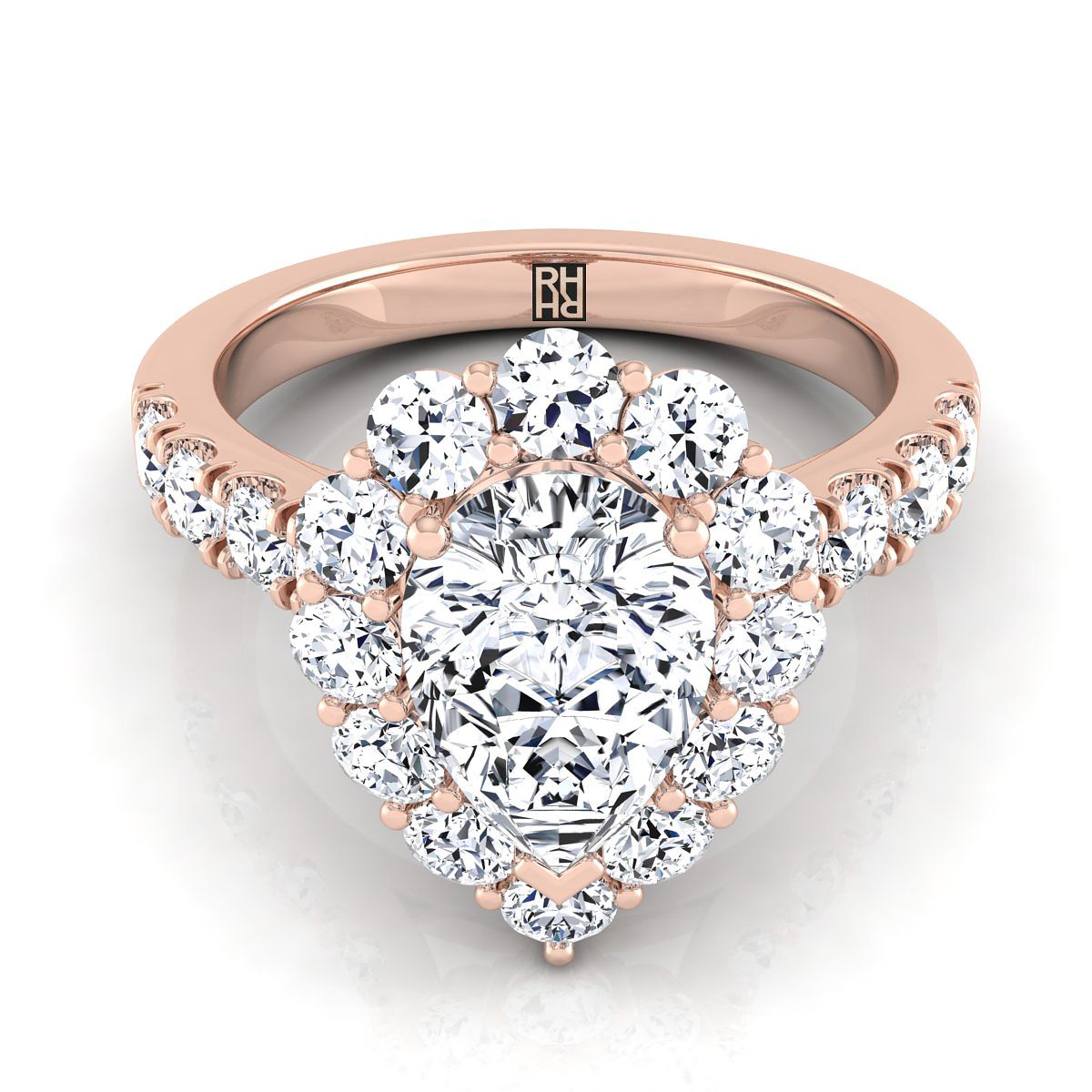 Luxe French Pavé Halo Pear Shape, in 14K Rose Gold, prong setting | RockHer