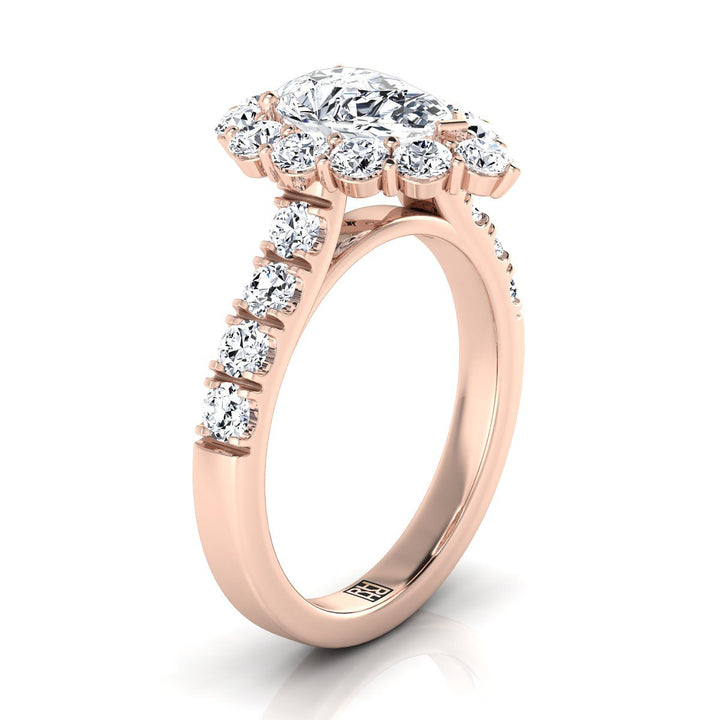 แหวนหมั้นสไตล์หรูหราประดับเพชรทรงลูกแพร์ตรงกลางทองกุหลาบ 14K พร้อมฮาโลฝรั่งเศสแบบปาเว่ 1-1/10 กะรัตรวม