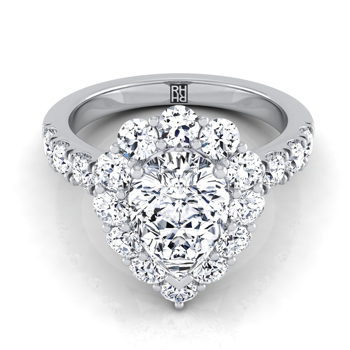 Luxe French Pavé Halo Pear Shape, in 18K White Gold, prong setting | RockHer