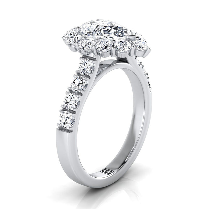 Luxe French Pavé Halo Pear Shape, in Platinum, prong setting – side profile | RockHer
