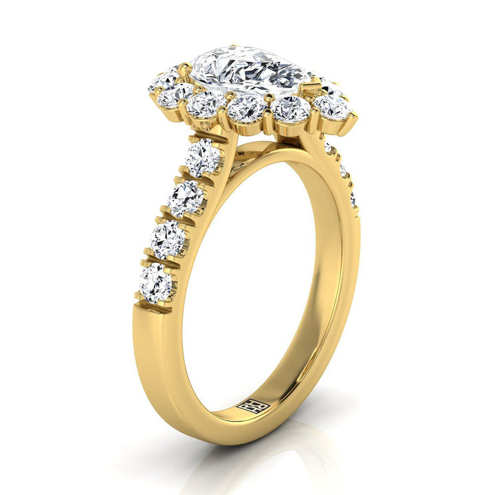 Luxe French Pavé Halo Pear Shape, in 18K Yellow Gold, prong setting – side profile | RockHer