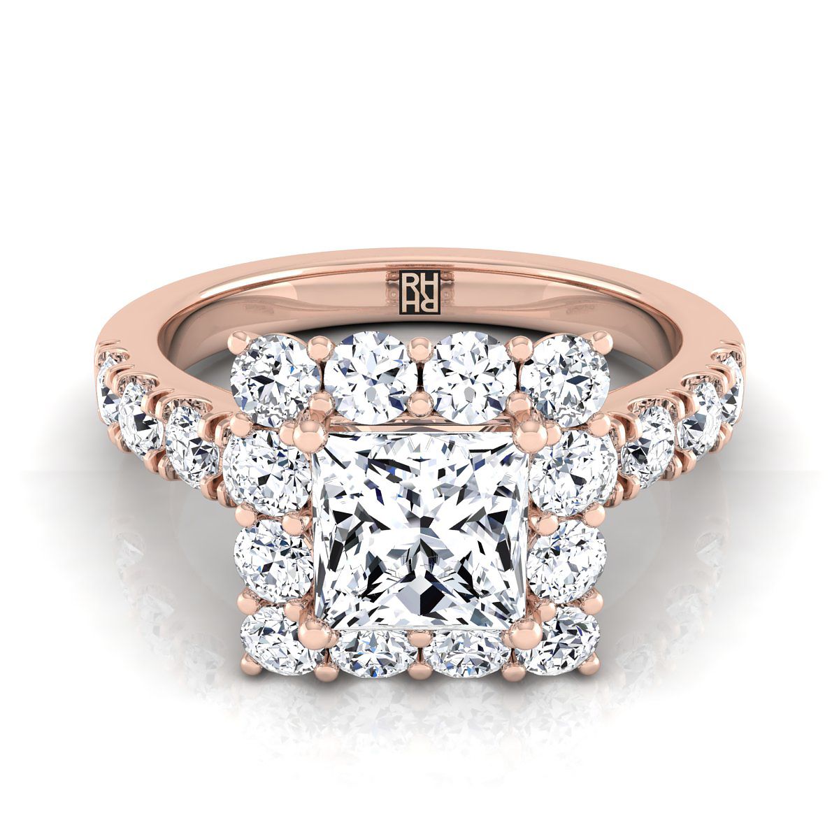 Luxe French Pavé Halo Princess, in 14K Rose Gold, prong setting | RockHer