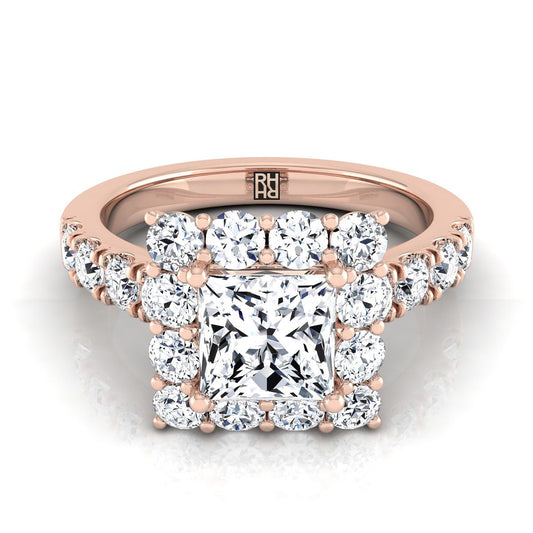 Luxe French Pavé Halo Princess, in 14K Rose Gold, prong setting | RockHer