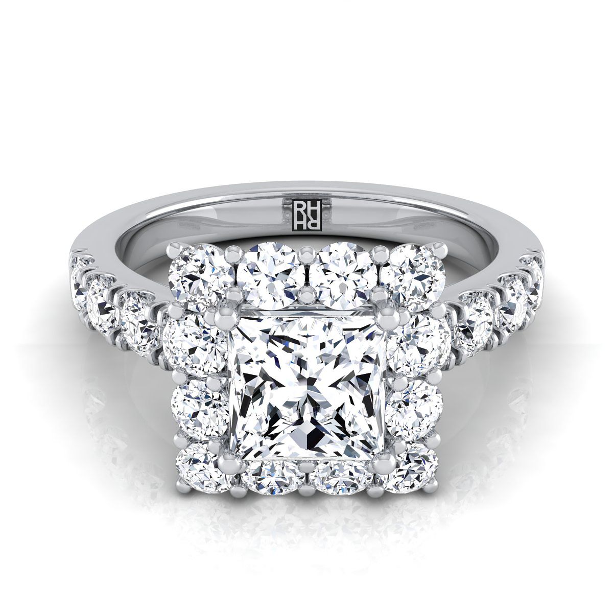 Luxe French Pavé Halo Princess, in Platinum, prong setting | RockHer