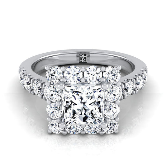 Luxe French Pavé Halo Princess, in Platinum, prong setting | RockHer