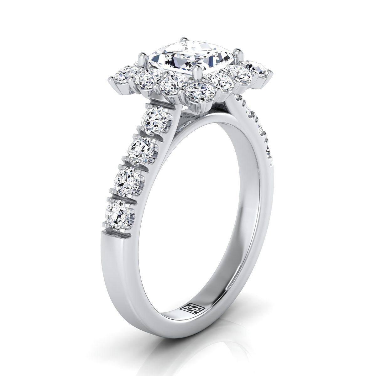 Luxe French Pavé Halo Princess, in Platinum, prong setting – side profile | RockHer