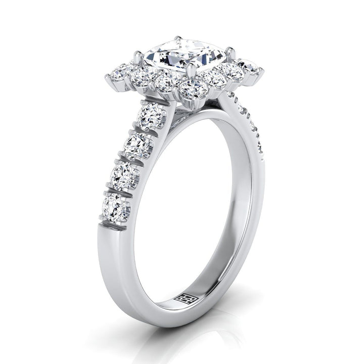 Luxe French Pavé Halo Princess, in 18K White Gold, prong setting – side profile | RockHer