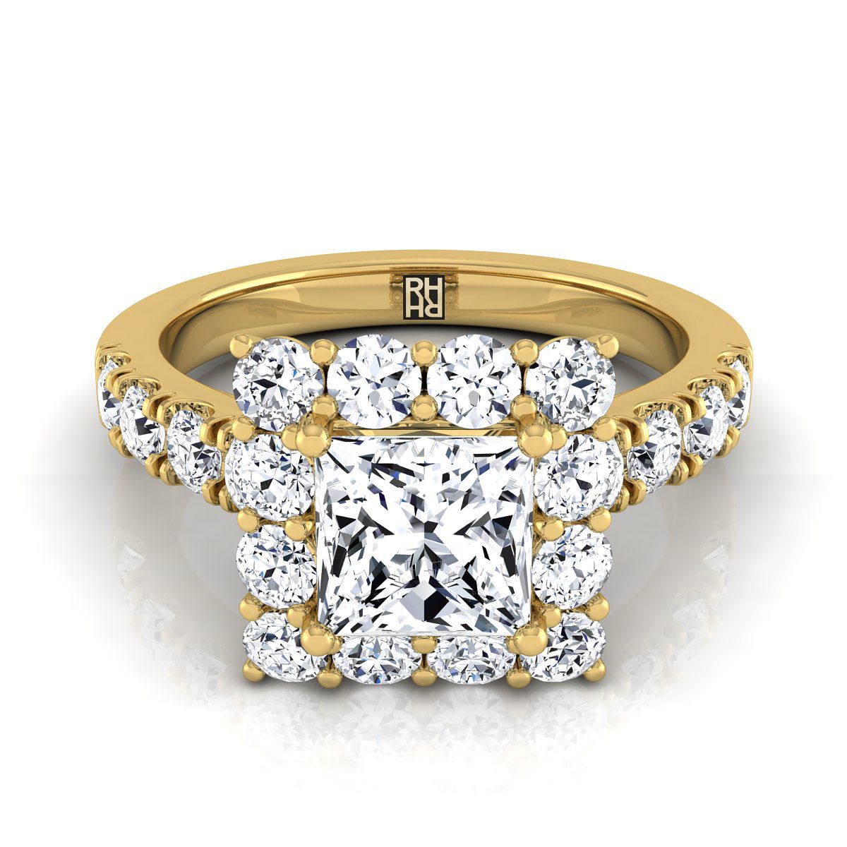 Luxe French Pavé Halo Princess, in 18K Yellow Gold, prong setting | RockHer