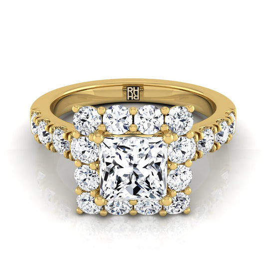 Luxe French Pavé Halo Princess, in 18K Yellow Gold, prong setting | RockHer