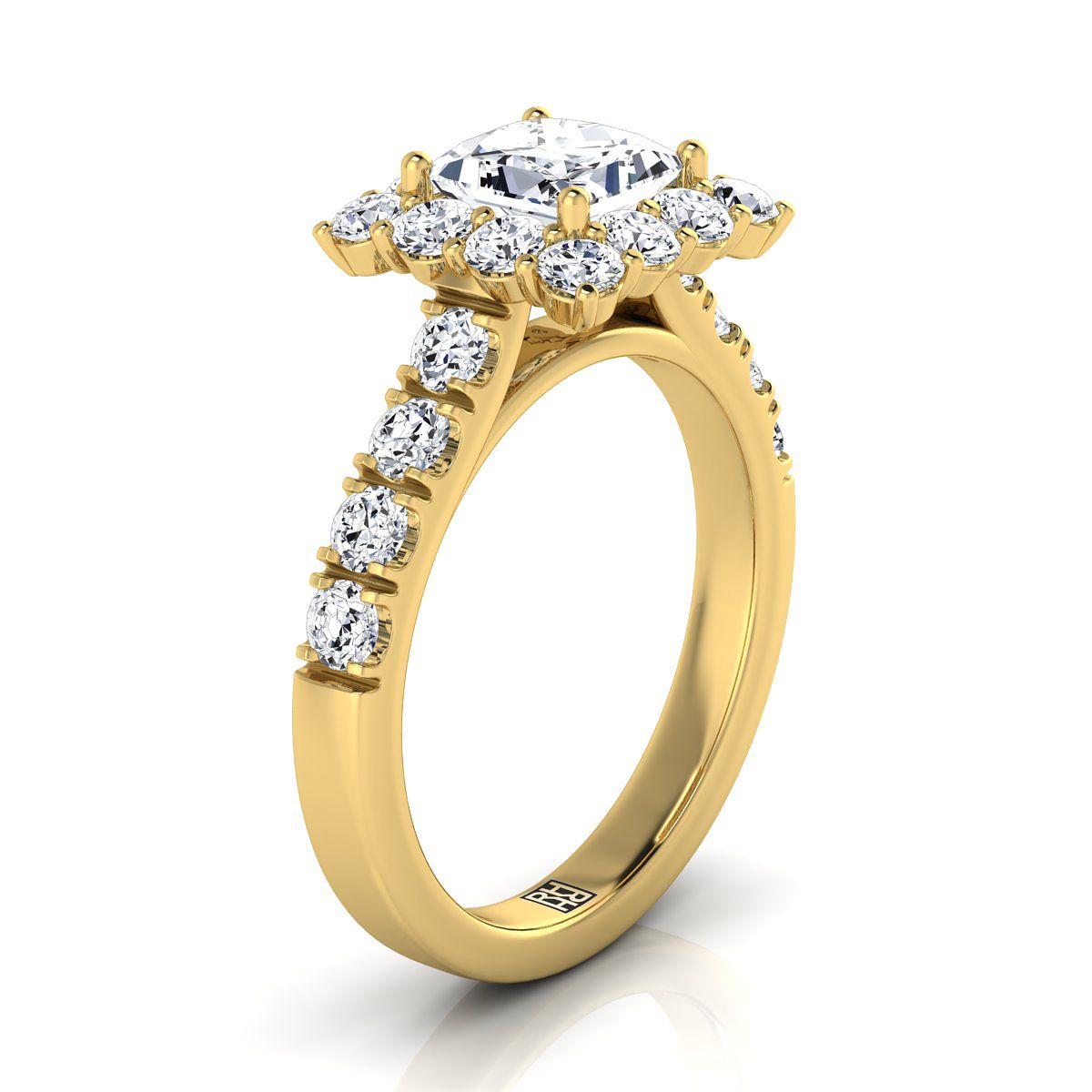 Luxe French Pavé Halo Princess, in 18K Yellow Gold, prong setting – side profile | RockHer