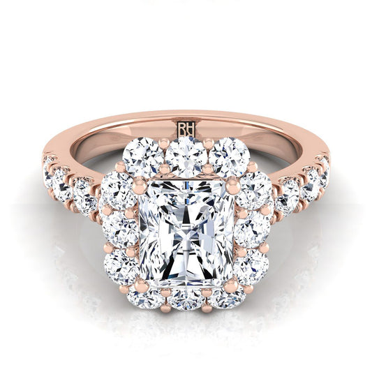 Luxe French Pavé Halo Radiant, in 14K Rose Gold, prong setting | RockHer