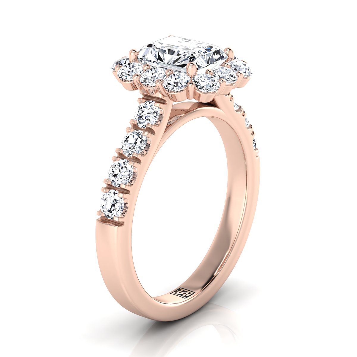 Luxe French Pavé Halo Radiant, in 14K Rose Gold, prong setting – side profile | RockHer