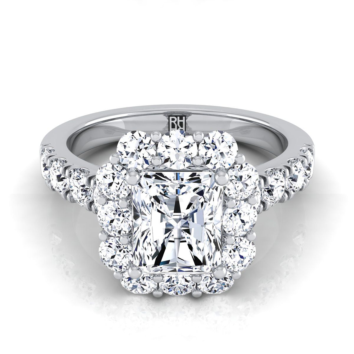 Luxe French Pavé Halo Radiant, in 18K White Gold, prong setting | RockHer