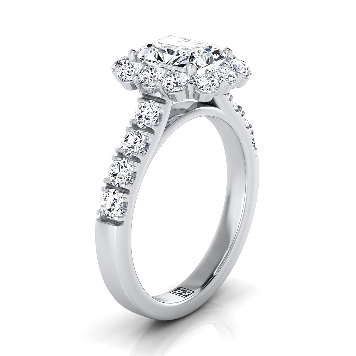 Luxe French Pavé Halo Radiant, in Platinum, prong setting – side profile | RockHer