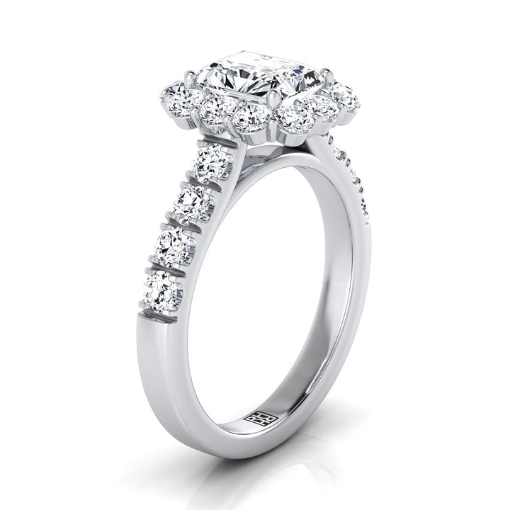 Luxe French Pavé Halo Radiant, in 18K White Gold, prong setting – side profile | RockHer