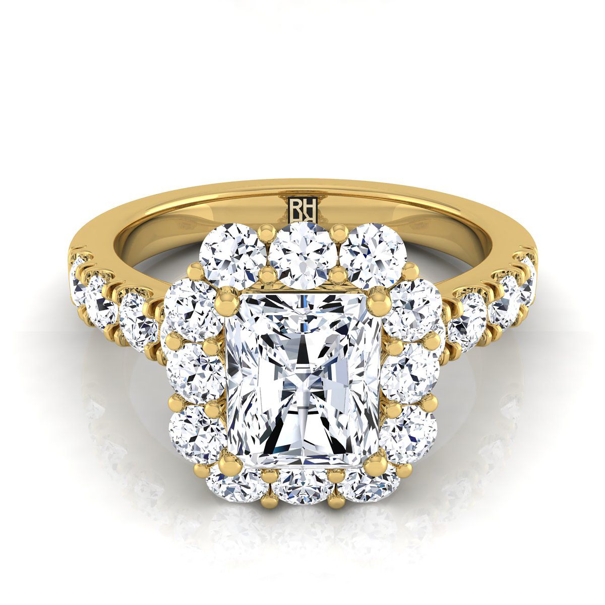 Luxe French Pavé Halo Radiant, in 18K Yellow Gold, prong setting | RockHer