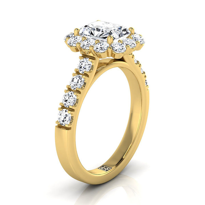 Luxe French Pavé Halo Radiant, in 18K Yellow Gold, prong setting – side profile | RockHer