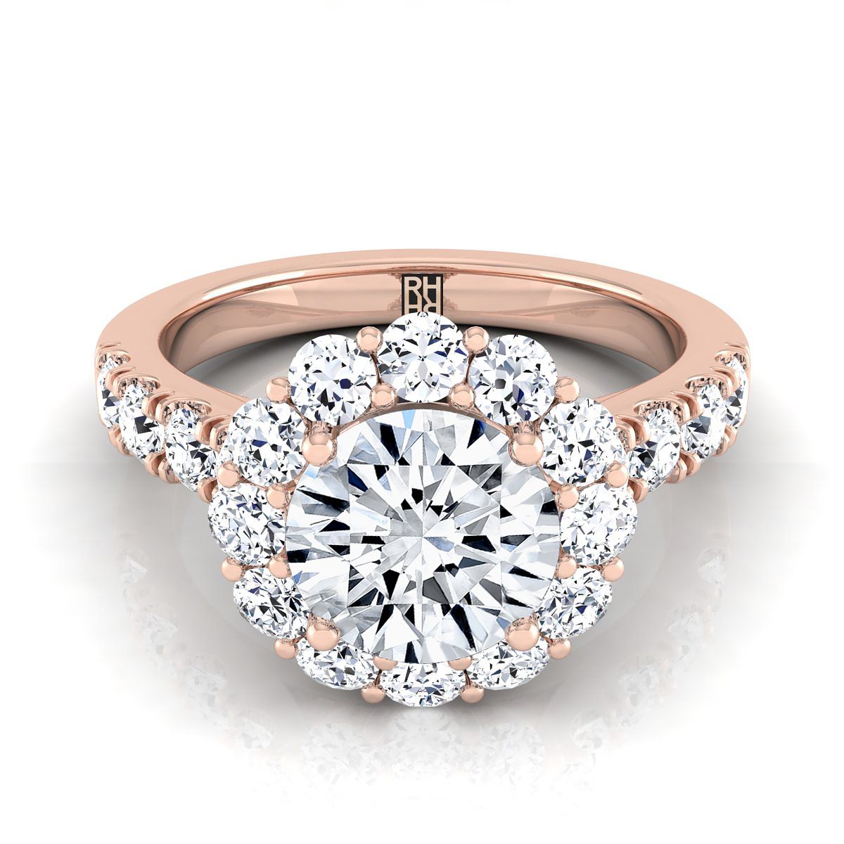 Round Brilliant, Luxe French Pavé Halo, in 14K Rose Gold, pave setting | RockHer