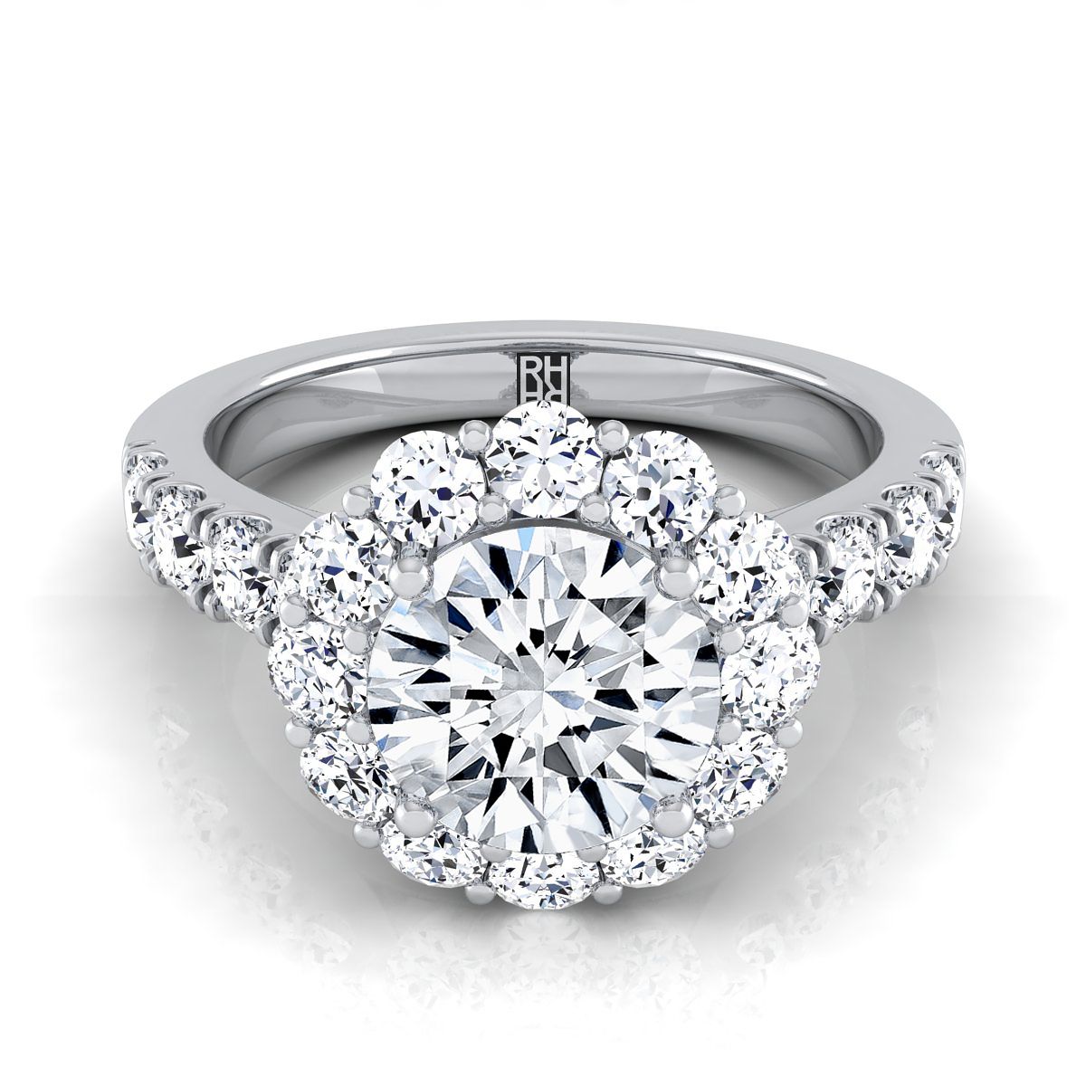 Round Brilliant, Luxe French Pavé Halo, in 18K White Gold, pave setting | RockHer