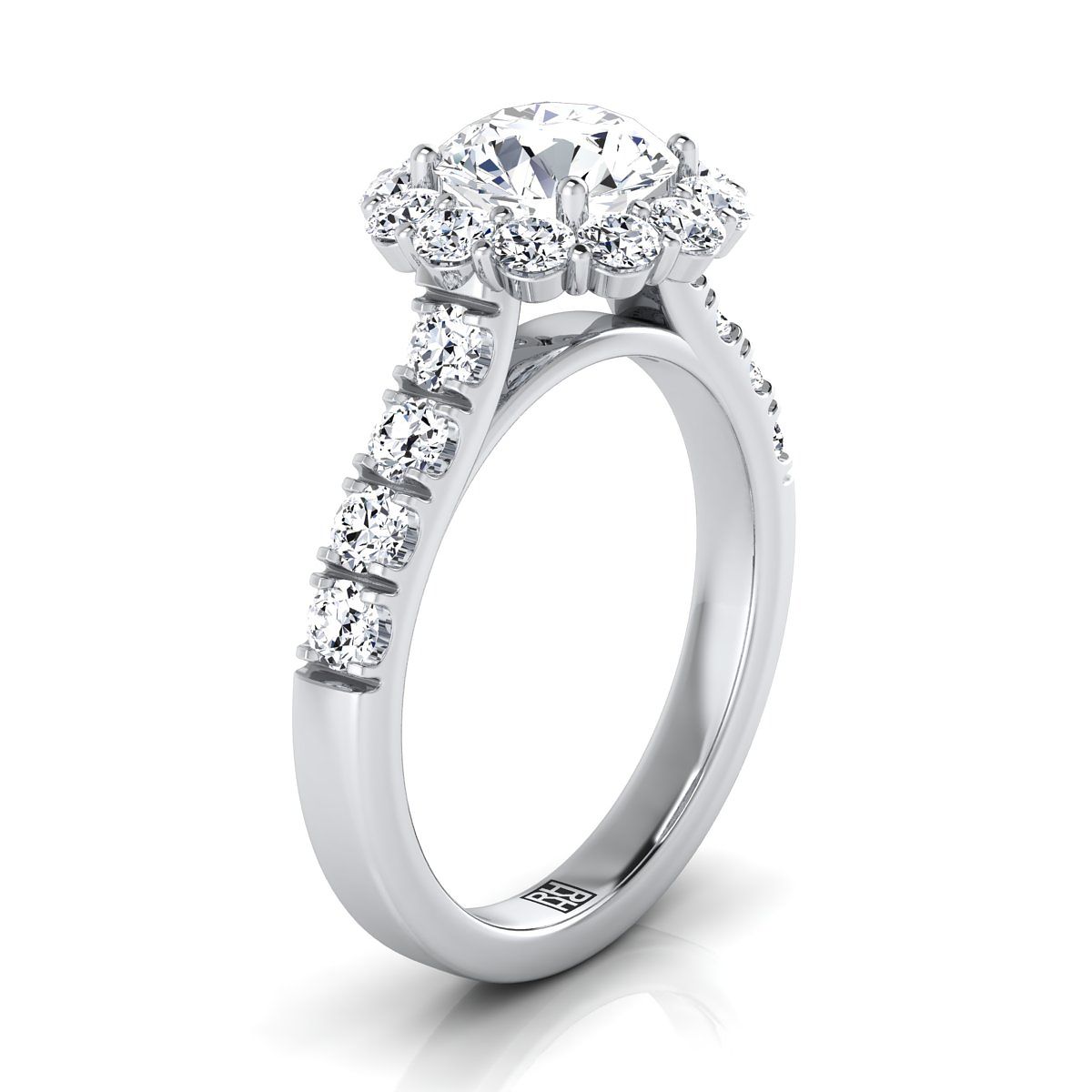 Round Brilliant, Luxe French Pavé Halo, in 18K White Gold, pave setting – side profile | RockHer