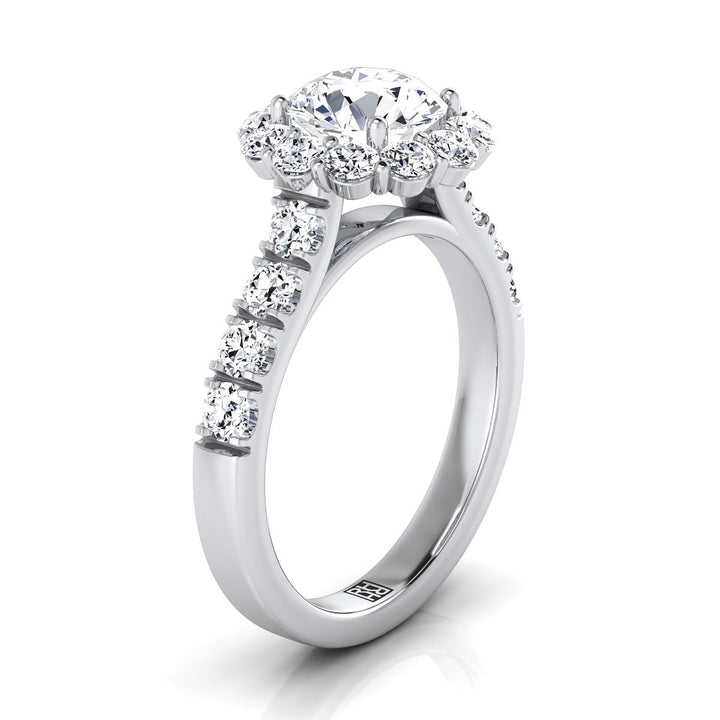 Round Brilliant, Luxe French Pavé Halo, in 18K White Gold, pave setting – side profile | RockHer