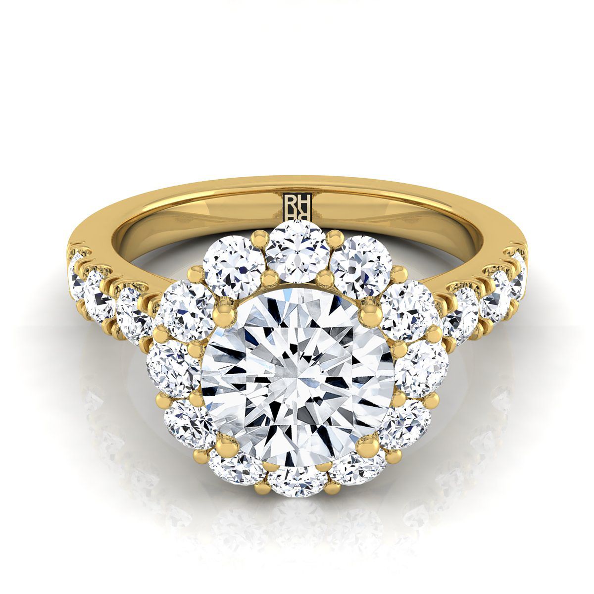 Round Brilliant, Luxe French Pavé Halo, in 18K Yellow Gold, pave setting | RockHer