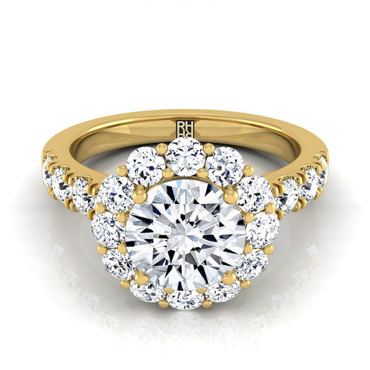 Round Brilliant, Luxe French Pavé Halo, in 18K Yellow Gold, pave setting | RockHer
