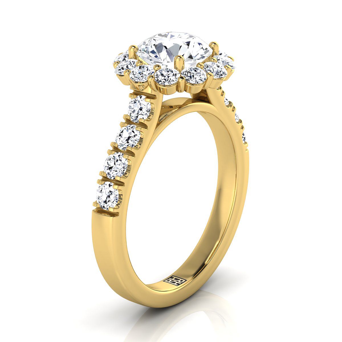 Round Brilliant, Luxe French Pavé Halo, in 18K Yellow Gold, pave setting – side profile | RockHer