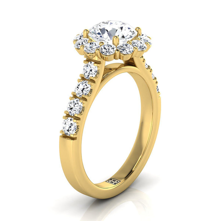Round Brilliant, Luxe French Pavé Halo, in 18K Yellow Gold, pave setting – side profile | RockHer