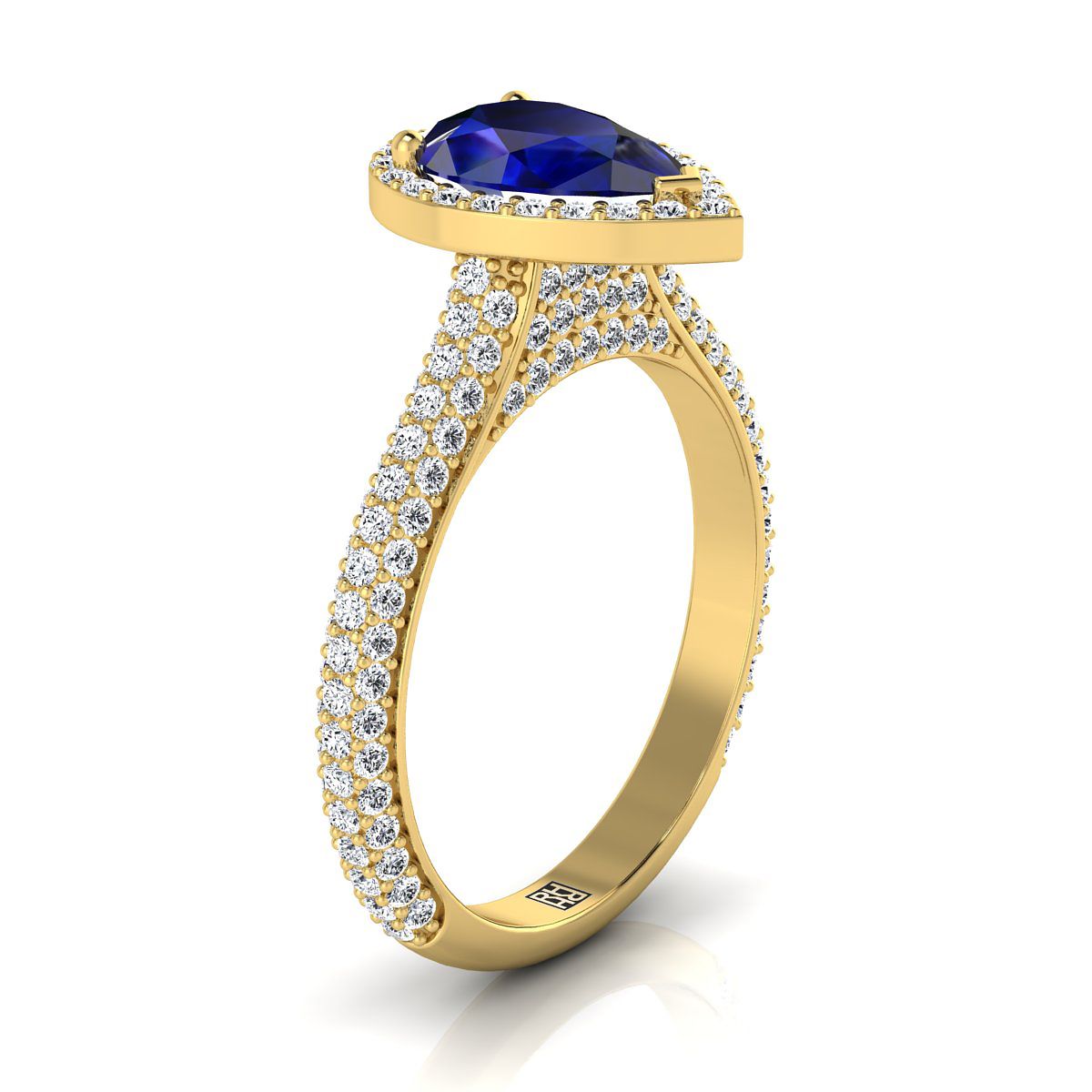 แหวนหมั้นประดับไพลินทรงลูกแพร์กลางทองคำเหลือง 18K พร้อมไมโครปาเว่และเพชรข้างแบบปาเว่ - 7/8 กะรัตรวม