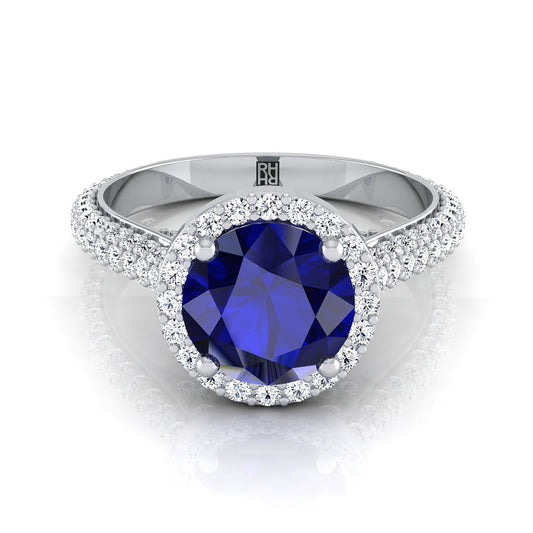 18K White Gold Round Brilliant Sapphire Micro-Pavé Halo With Pave Side Diamond Engagement Ring -7/8ctw