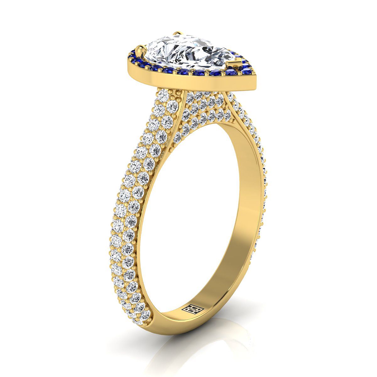 14K Yellow Gold Pear Shape Center  Micro-Pavé Halo With Pave Side Diamond Engagement Ring -7/8ctw
